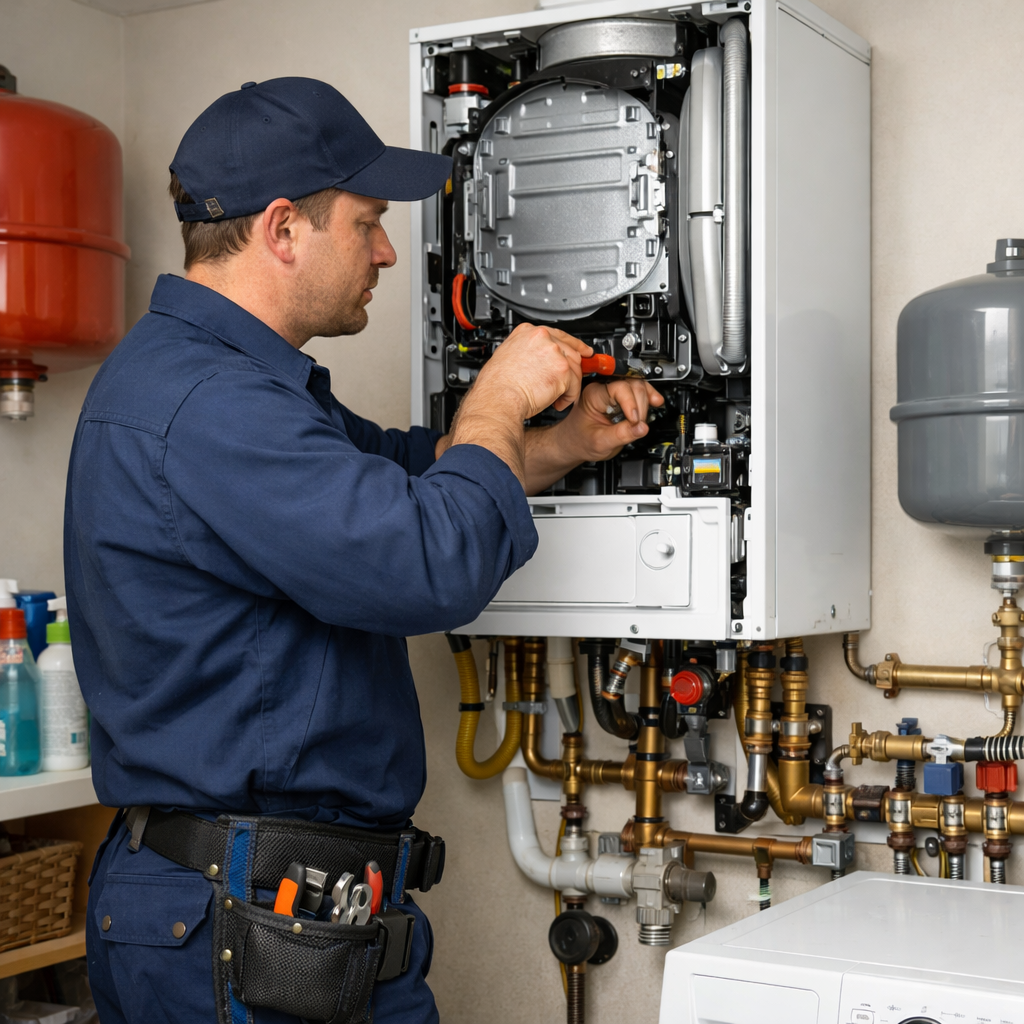 Technician in navy uniform using a screwdriver to repair a heating boiler with exposed pipes and valves.