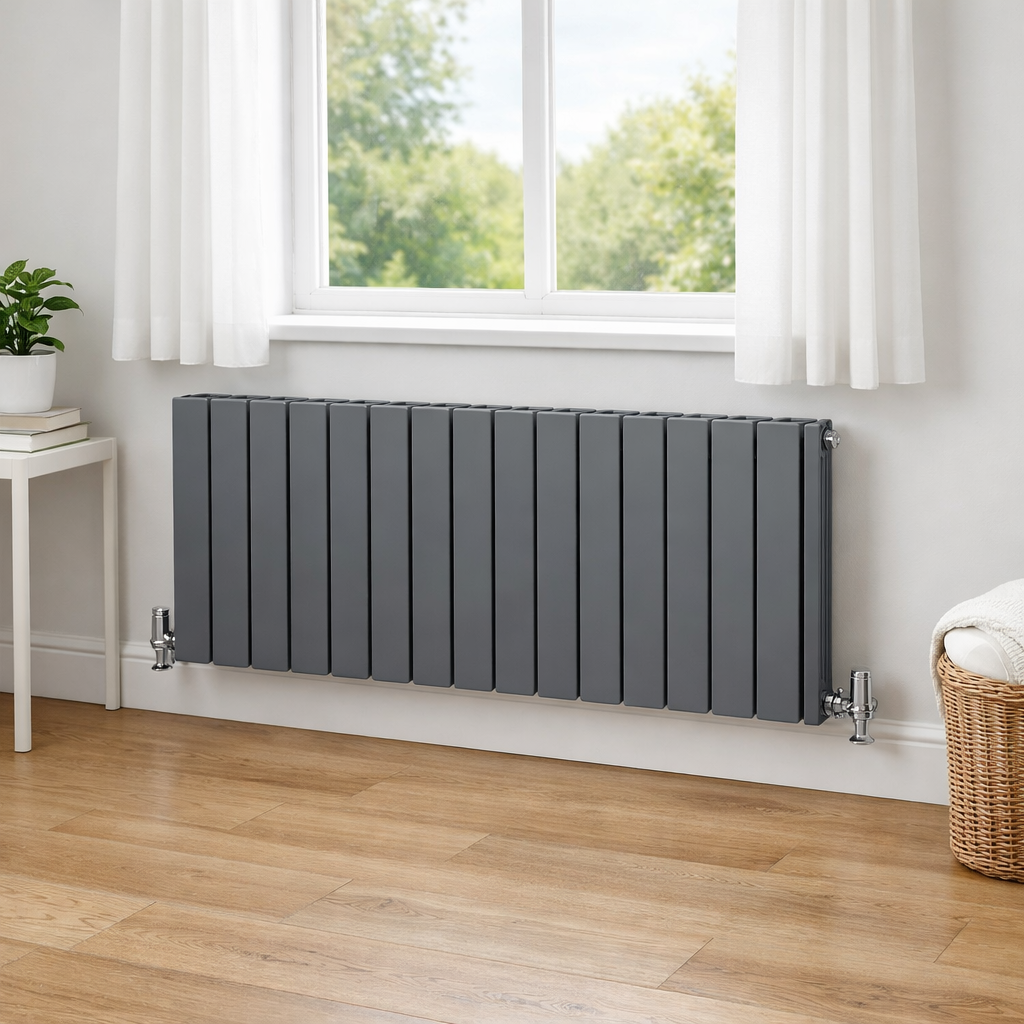 Grey domestic radiator in bright clean room