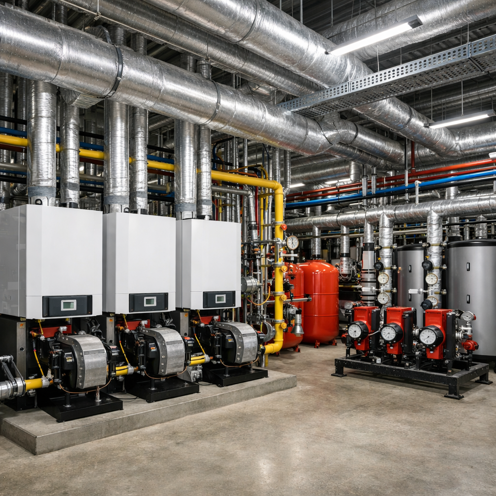 Industrial boiler system with white units, metal ducts, red equipment, and pressure gauges