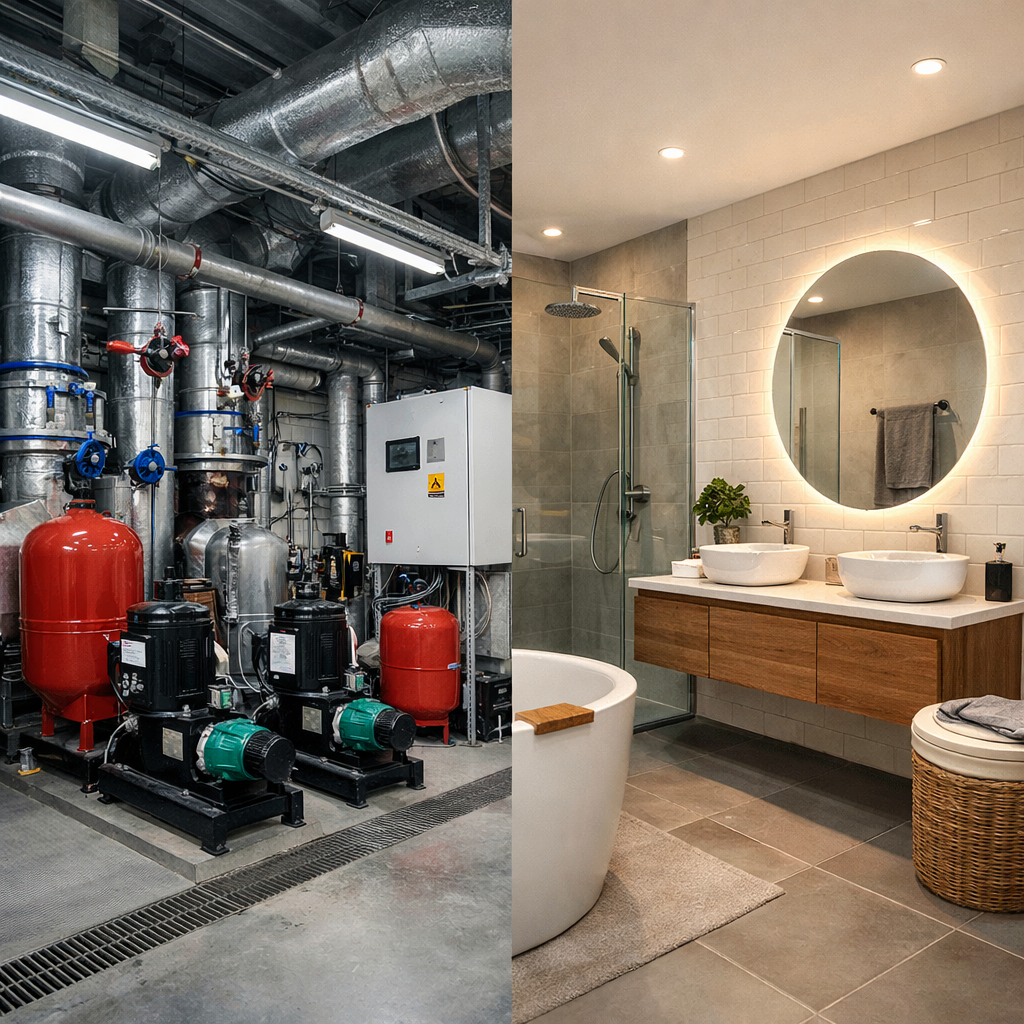 Split image: commercial plant room and domestic bathroom