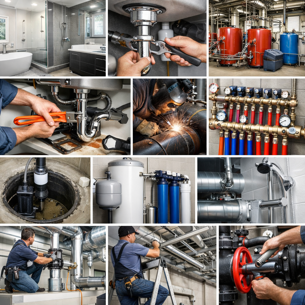 Collage of domestic and commercial plumbing installations